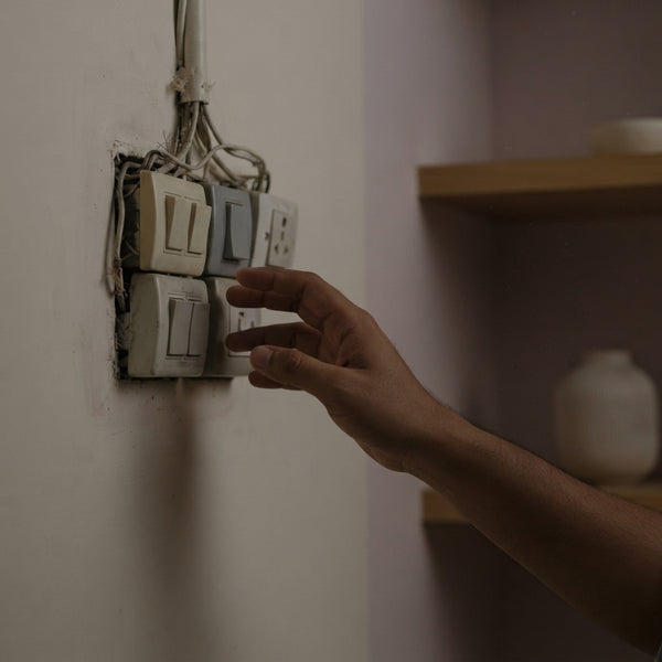 A person searching for a light switch on a wall in a dimly lit, minimalist room.