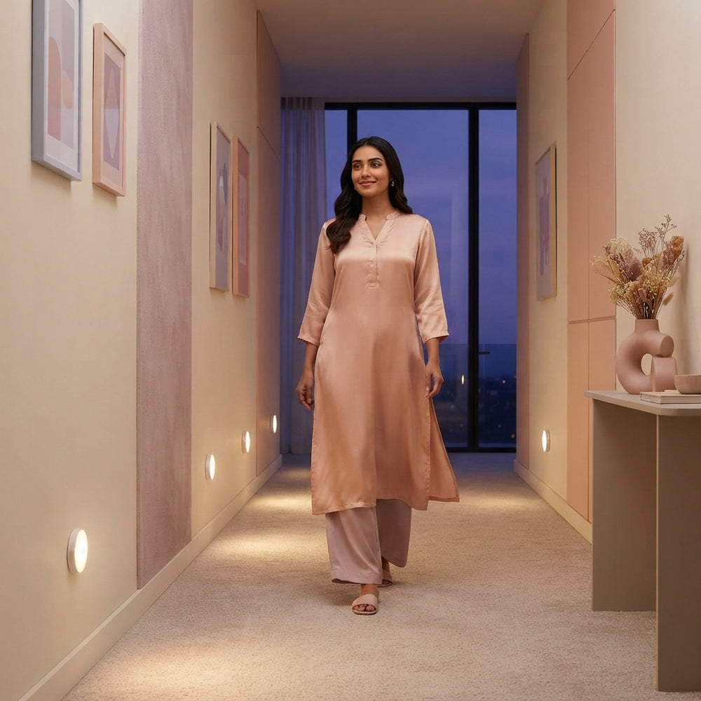 A South Asian woman walking through a dimly lit hallway illuminated by sleek, motion-activated wireless lights on the wall.