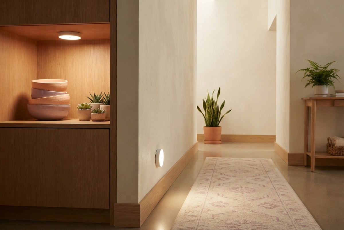 Two slim motion sensor lights installed in a modern home interior with cream walls and soft blush peach decor.